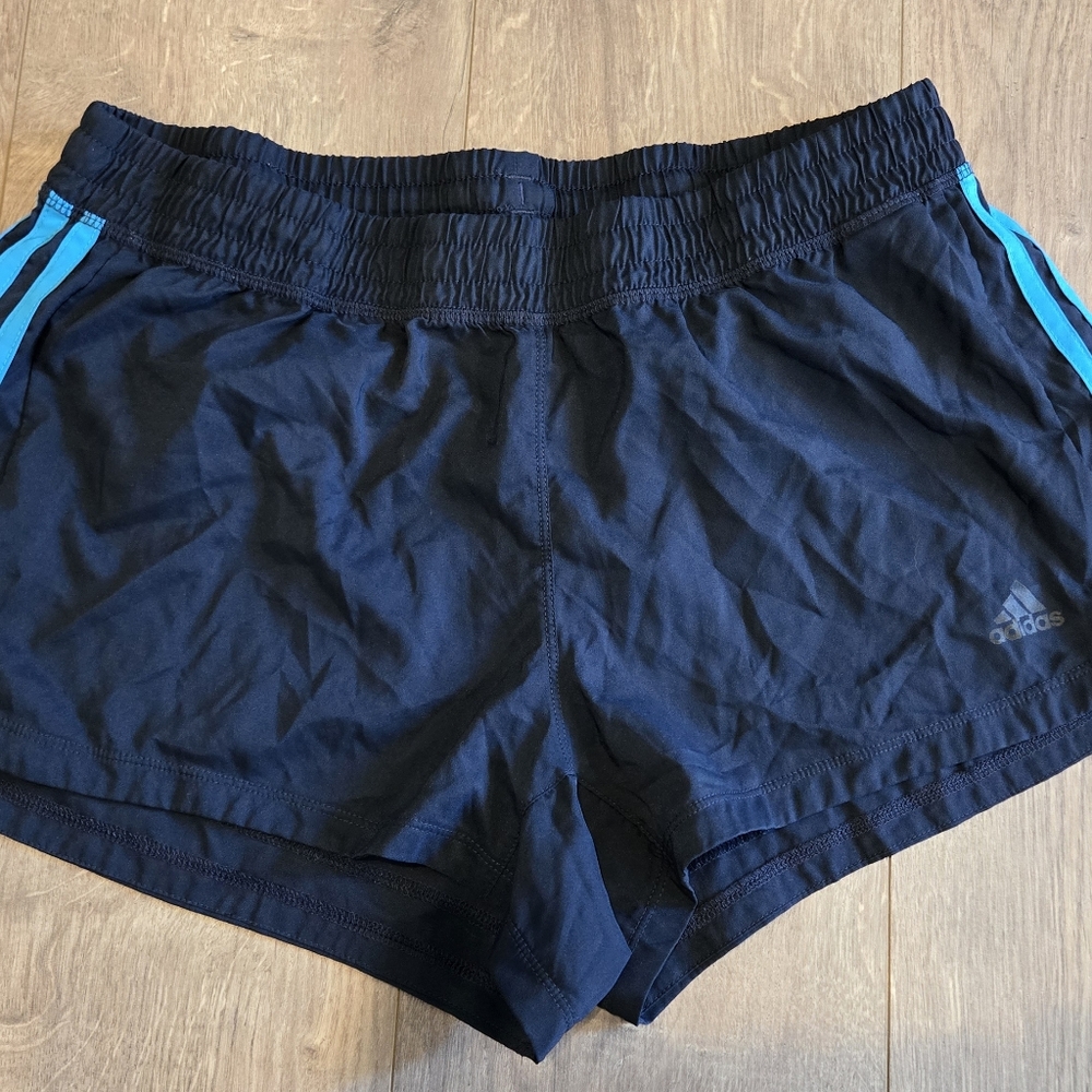 Adidas Women's Athletic Shorts in Dark Blue with Aqua Stripes Large 3 Stripe